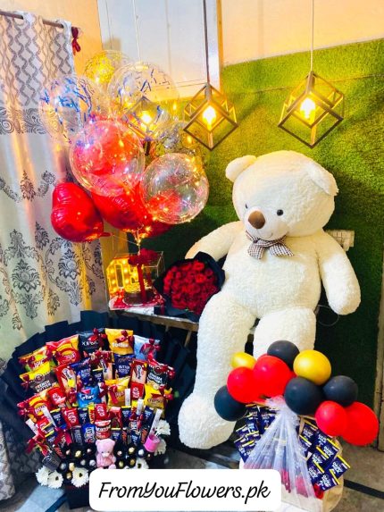 Valentine's Day Teddy Bear with Flowers Lahore - FromYouFlowers.pk